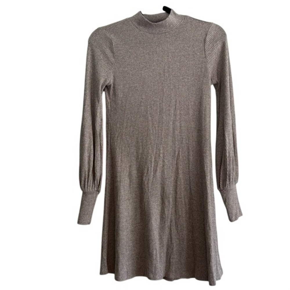 Express Ribbed Mock Neck Balloon Sleeve Mini Dress Taupe Grey XS Minimalist